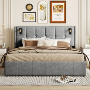 140x200 cm Lit double coffre en velours gris avec sommier &agrave; lattes 2 liseuses et coffre hydraulique sous le lit (sans matelas)