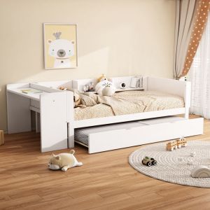 KoDise Lit gigogne 90x200 cm lit banquette avec 3 &eacute;tag&egrave;res et bureau - pin - blanc - sans matelas