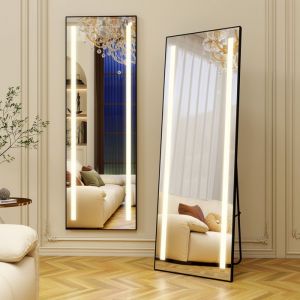Miroir sur Pied avec &Eacute;clairage LED R&eacute;glable Miroir Mural Grand Miroir de Sol Cadre Noir 150x50cm