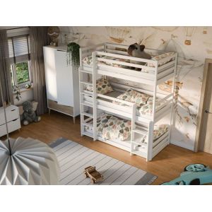 Lit superposé triple 90x200 - Matelas inclus - Lit pour enfants - Structure en bois de Pin - Avec sommier + barrière de lit - Blanc