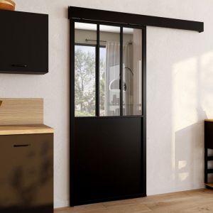 IDMARKET Kit porte coulissante verri&egrave;re verre tremp&eacute; 93 cm en m&eacute;tal + MDF avec rail et fixations
