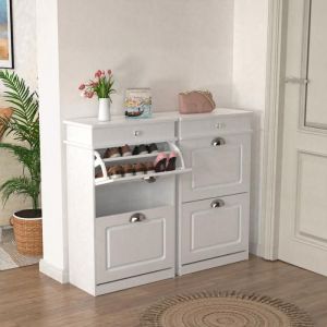 KEDIA Meuble &agrave; Chaussures Laqu&eacute;82 &times; 52 &times; 23 cm Double TiroirRangement Spacieux pour Chaussures BlancOrganiseur de Placard