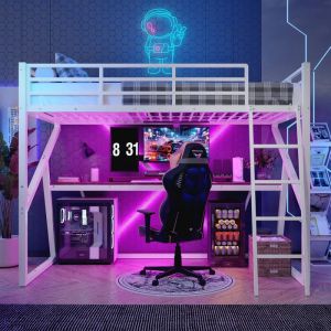 Lit mezzanine 90 x 200cm avec LED lit enfant avec escalier et bureau lit simple avec sommier &agrave; lattes Lit adolescent，m&eacute;talblanc