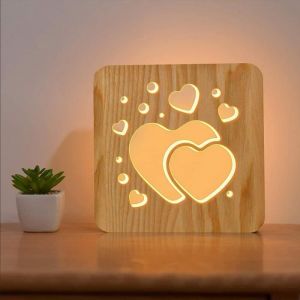 Lampe de chevet - RUMOCOVO - C&oelig;ur en bois - Illusion optique 3D - Rechargeable USB - LED 3W