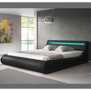 Lit Coffre pour Matelas 160x200cm - PARISINA - Noir LED - Bois et simili cuir - Rangement