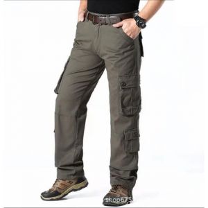 Pantalon Cargo En Coton Pour Homme Coupe Droite Grande Taille Pantalon De Travail 8 Poches Couleur Unie - Vert Militaire