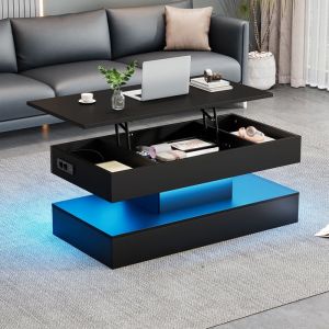 Table basse moderne noire avec LED plateau relevable prises intégrées et espace de rangement caché