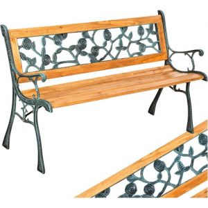 Banc de Jardin en Bois Naturel Laqu&eacute; et Fer Forg&eacute; - R&eacute;sistant aux Intemp&eacute;ries - Mobilier dExt&eacute;rieur Durable