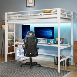 Lit mezzanine enfant 90x200 cm  Lit mezzanine 1 place avec USB et prise &eacute;lectrique Lit simple en m&eacute;tal avec avec sommier Blanc