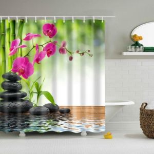 Rideau de douche - Zen - Bambou - Galet - Fleur - Reflet - 180 x 200 cm