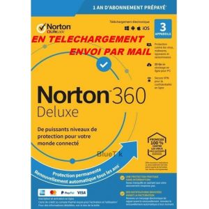 Avec CB - NORTON 360 DELUXE 2024 avec Abonnement 3 Appareils PC MAC Android - 1 AN - 25GB CLOUD - Envoyé par mail - ESD