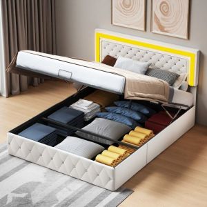 Lit coffre 140x200 avec sommier-Double gaz lift rangement intégré-Velours beige & éclairage LED-Mécanisme silencieux