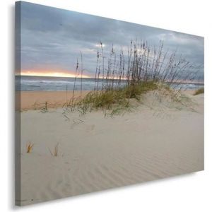 Impression sur Toile Mer 80x60 cm Dunes Sable Herbe Plage Paysage Coucher de Soleil Décoration Murale Moderne