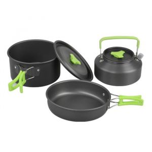 Popote de camping 3 pcs - Casserole po&ecirc;le et bouilloire - Alliage daluminium - L&eacute;g&egrave;re et compacte - Pour 2 &agrave; 3 personnes