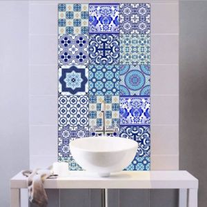 Set de 10 Pcs Sticker Carrelage Autocollant 20x20cm Carrelage Adh&eacute;sif Mural &Eacute;tanche pour Cusine Salle de Bain (Style porcelaine bleu