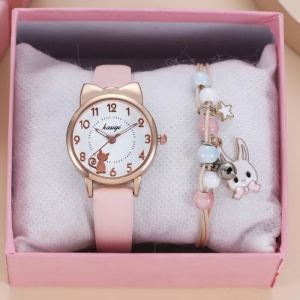 SHARPHY Coffret montre enfant fille + bracelet lapin &ndash; quartz chat bracelet en cuir &eacute;tanche &eacute;tudiant mignonne mode rose