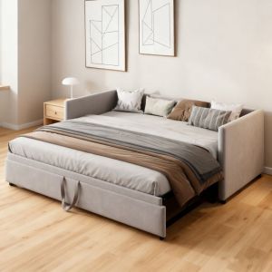 Canap&eacute; lit gigogne 2 en 1 Extensible lit 90/180 x 200 cm avec dossier et accoudoirs sommier &agrave; Lattes en Bois Gris velours