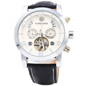 blanc et noir Forsining A165 Tourbillon Montre Mécanique Automatique pour Hommes bracelet en cuir Affichage de la date Semaine Mois