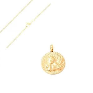 Chaîne et Médaille Pendentif Soleil Ange Baptême 12 mm Plaqué Or Jaune 750 3 Microns