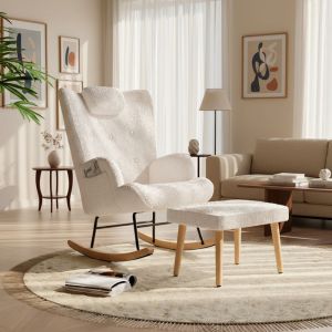 Fauteuil à Bascule avec appui-tête avec repose-pieds rocking chair Contemporain velours teddy Blanc