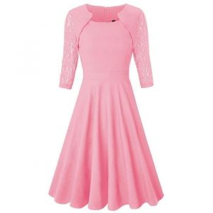 Robe De Soirée Dentelle Femme Manches 3-4 Mi-Longue Jointif Robe Cocktail Elegant Pour Cérémonie Mariage - Rose