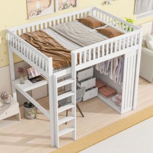Lit mezzanine 140 x 200 cm avec bureau armoire 3 tiroirs rangements ouverts rambarde et escalier blanc sans matelas
