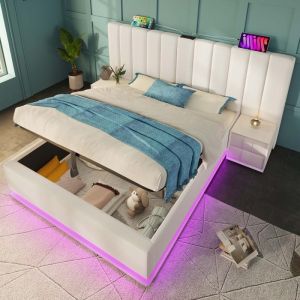 LINKHOO lit rembourr&eacute; double avec LED App Control et fonction de charge USB-C sans matelas ni table de chevet PU 180&times;200 blanc