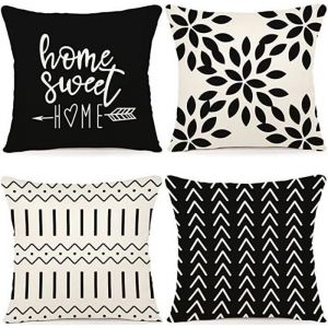 4pcs housse de coussin en lin noir et blanc 45x45cm décor chambre jardin extérieur, canapé, chaise, lit