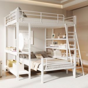 KoDise Lit superposé 140x200 cm Lit mezzanine Lit double - structure métallique - avec multiples rangements - blanc