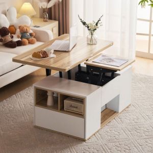 Table basse relevable Table basse salon moderne avec 2 plateaux 2 tiroirs 3 compartiments de rangement 1 porte