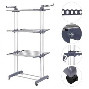 Étendoir à Linge Pliable 4 NiveauxTancarville acec Ailes Latérales Extensiblesavec Roues pour Intérieur Extérieurgris argent