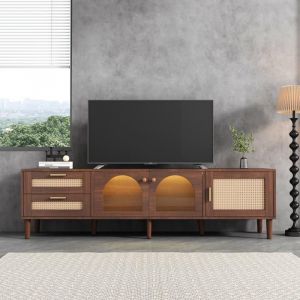 Meuble TV 180cm marron - 2 tiroirs rotin 2 portes verre incurvé + 1 porte rotin éclairage LED rangement élégant pour TV 80