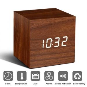 LED R&eacute;veil en Bois R&eacute;veil num&eacute;rique en bois Horloge Digital Cube avec Activation Vocale- Brown