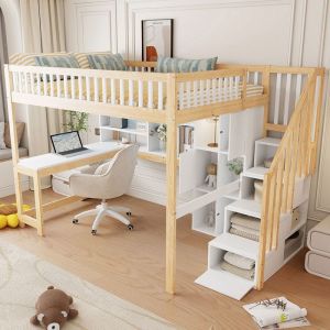 O.Ye Lit mezzanine enfant 140x200 cm avec rangement &eacute;clairage LED et bureau pin et MDF blanc + naturel blanc LIT MEZZANINE