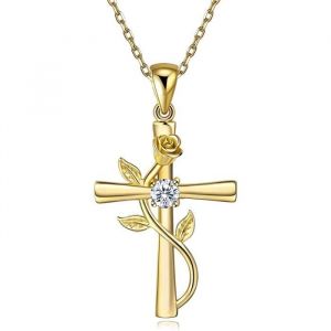 Collier pour Femme Croix Rose Argent 925-1000 Oxyde de Zirconium Fleur Pendentif Collier M&egrave;re Fille Cadeau pour Femme 48 cm [632]