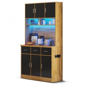 Buffet Cuisine avec lumi&egrave;re LED Meuble Cuisine Rangement Haut Meuble de Rangement avec Plan de Travail 6 Portes 3 tiroirs Noir