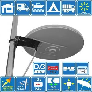 Helio - amplifiée numérique omnidirectionnelle dantenne TV HD de Gain Haut 33dB TNT DVB-T FM Dab. 12V - 24V idéal pour Camping-C
