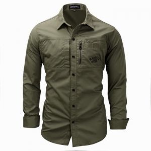 Chemise Militaire Homme en Coton Manches Longues Casual Chemise Couleur Unie - Vert militaire