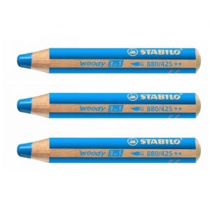 Crayon - STABILO - WOODY 3 en 1 - Lot de 3 - Extra large - Bleu cobalt moyen - Aquarellable