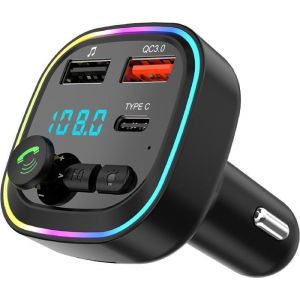 Transmetteur FM Bluetooth pour Voiture Kit MP3 sans Fil à Charge Rapide QC3.0 2 Ports USB et 1 Port Type-C Appels Mains Libres