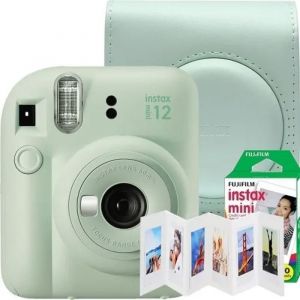 Ensemble appareil photo instantané Fujifilm Instax mini 12 vert menthe avec couvercle Fujifilm cadre Akyta 6 positions et film