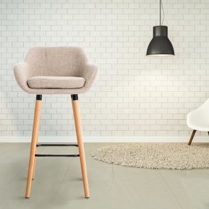 Lot de 2 Tabourets de bar - Chaise de salle à Manger Style Scandinave - Tissu Beige - Pieds en Bois