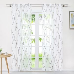 1pcs rideau voilage fenêtre transparent Œillets motif Bande L-H 140x225cm -couleur café