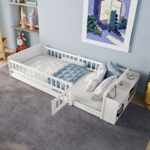 Lit en bois lit enfant 90 x 200 cm pin Lit de sol avec rangement ouvert &eacute;tag&egrave;res coffre ouvrant sans matelas blanc