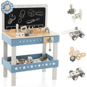 DREAMADE Établi en Bois Enfant Jouet du Bricoleur avec 61 Outils et Accessoires Tableau Noir Horloge Cadeau Noël Enfants 3 Ans+