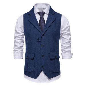 Gilet de Costume Homme Business Sans Manches Vintage Gilet Mariage C&eacute;r&eacute;monie Couleur Unie - Bleu