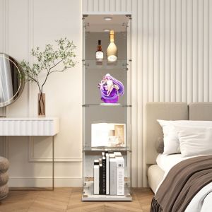 Vitrine en Verre Miroir Led Vitrine de collection avec serrure 1 portes 4 &eacute;tages Vitrine en verre pour collection Blanc