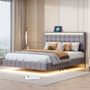 GARHELPER Lit 160x200 avec LED Cadre de lit suspendu Tête de Lit Capitonnée en Lin Gris Hauteur Réglable Sans matelas