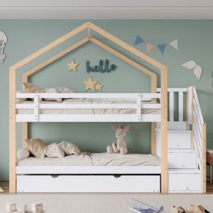 Lit Superposé 90x200cm + Lit Cabane Extensible 90x190cm - Escalier 4 Tiroirs Cadre Lattes Naturel & Blanc - Enfant & Bébé