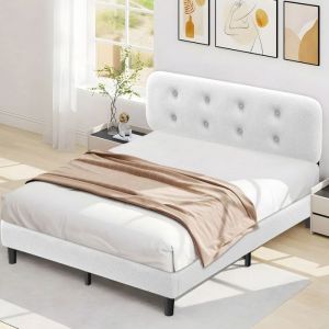 Lit 160x200 cm - Lit 2 personnes - Cadre de lit en m&eacute;tal avec lattes en bois - T&ecirc;te de lit r&eacute;glable - Beige